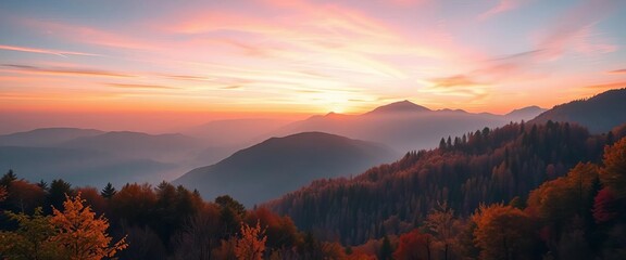 Obraz premium Dreamy, misty mountain peaks at sunrise/sunset Minimalist autumnal palette Ample copy space, gold, autumn