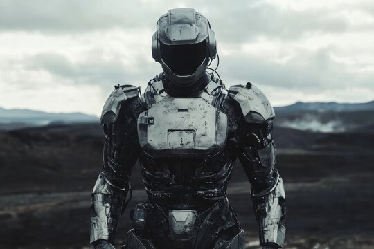 Futuristic soldier in advanced robotic exoskeleton in a barren landscape