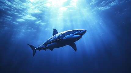 Fototapeta premium Sleek megalodon glides through deep waters, contrasting with a bulky silhouette in the background, embodying elegance and power. 