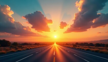 Scenic view of golden sunset sky over empty highway, peaceful clouds, sunset, road
