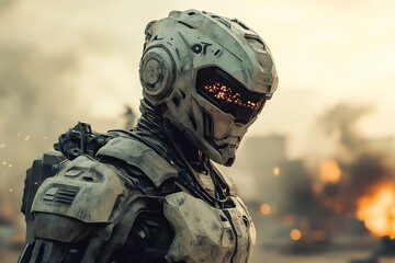 Futuristic cybernetic soldier in power armor with advanced technology in a battle scene