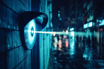Futuristic ai eye shaped security camera with laser projection in urban night scene
