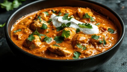 Chicken curry in a bowl with cream and cilantro on a dark background.