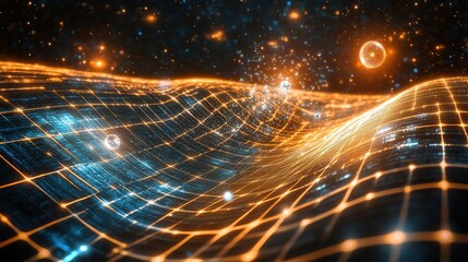 Gravity waves and quantum particles merge in a surreal dance, exploring the fabric of spacetime.
