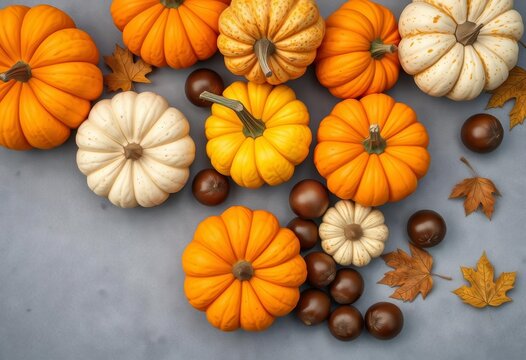 Various pumpkins and chestnuts arranged on a textured grey concrete background Autumnal flat lay with copy space,  seasonal decor,  autumn vegetables - Powered by Adobe