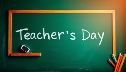 Empty green chalkboard, eraser, chalk; ready for Teacher's Day message, chalkboard,  design