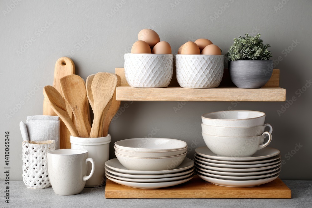 Poster minimalist kitchenware display with eggs in rustic bowls wooden utensils and neutral tableware