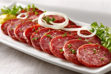 Fototapeta premium Appetizing Sliced Salami Displayed on White Plate with Onion Rings and Parsley Garnish Close Up Shot