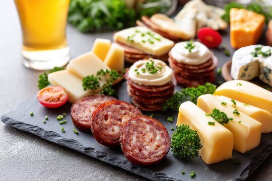 Artisan charcuterie board displaying gourmet cheese salami and accompaniments close up studio food still life top view