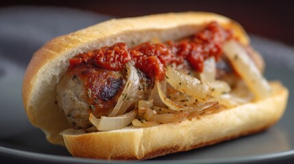 Savory sausage sandwich with tomato sauce and fried onion close up captures appetizing meal