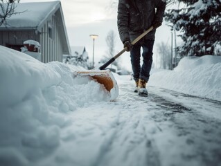 Hardworking man shoveling snow from a driveway in winter, representing winter maintenance and home care. Perfect for seasonal promotions, safety articles, and home improvement guides.