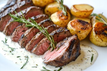 Sliced steak with roasted potatoes and sauce on a white plate.