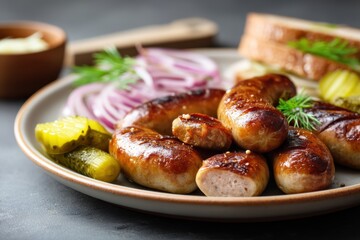 Delicious Grilled Sausages with Pickles and Red Onion Rings on a Plate Gastronomic Food Presentation