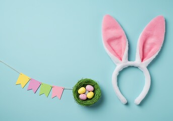 Colorful spring Easter celebration with a cute bunny, eggs, and pink flowers