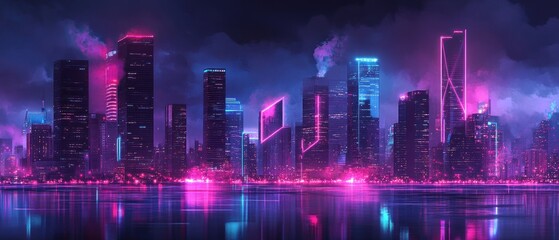 Fototapeta premium Neon Cityscape at Night: A Futuristic Metropolis Reflecting in Calm Waters