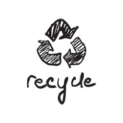 Recycling plastic products sign in black brush stroke texture isolated on white. Hand drawn vector sketch illustration in vintage charcoal ink. Environmental pollution, concept of ecology friendly