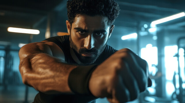 closeup of determined middle eastern male boxer throwing punch in dimly lit gymnasium, dramatic portrait. sportive motivation, strength and focus. sports, motivational banner, fitness gym promotion - Powered by Adobe