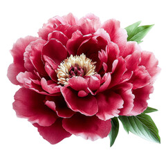 crimson peony bloom with green leaves