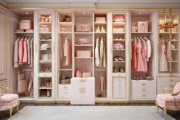 Pink and golden luxurious custom walk in closet with organized storage and a stylish pink ottoman