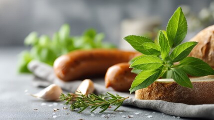 Culinary delight sausage bread garlic aromatic herb food styling gourmet cuisine close up shot