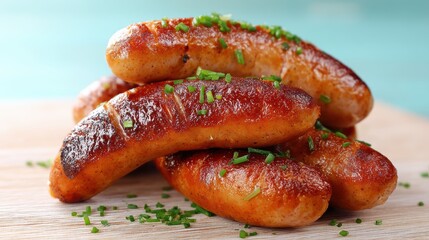 Delicious stack of grilled sausages with fresh chives on a bright background and wooden board closeup