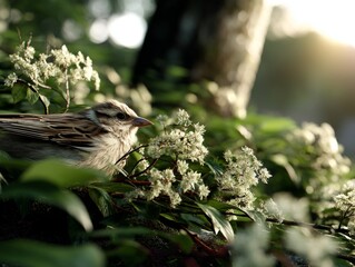 Naklejka premium Serene Sparrow Perched Amongst Blossoming Flora in a Sunlit Garden Nature Photography Tranquil Environment Close-Up View