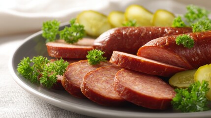 Delicious sausage slices on plate with parsley and pickled cucumbers food photography culinary concept