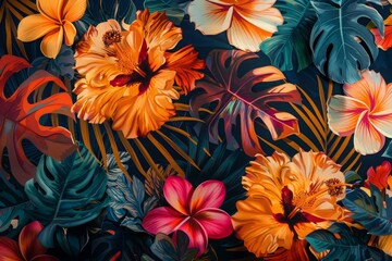 Vibrant Tropical Floral Pattern with Exotic Leaves and Flowers
