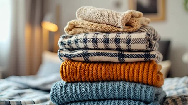 Cozy home decor ideas featuring neatly stacked sweaters on a bed