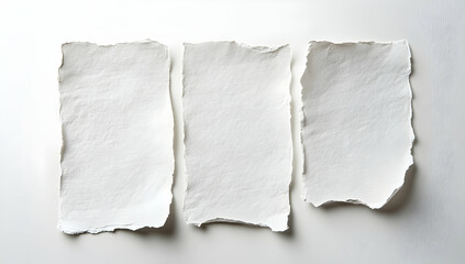 Obraz premium Three pieces of white, textured paper with torn edges, arranged in an artistic display on the right side against a clean background.