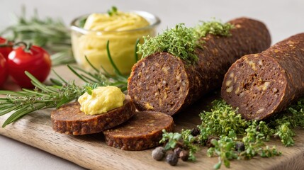 Dark vegan sliced salami displayed with creamy dip tomatoes herbs on wooden serving board studio shot food style photography