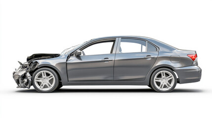 Fototapeta premium Crumpled gray sedan shows damage from recent traffic accident isolated on white background