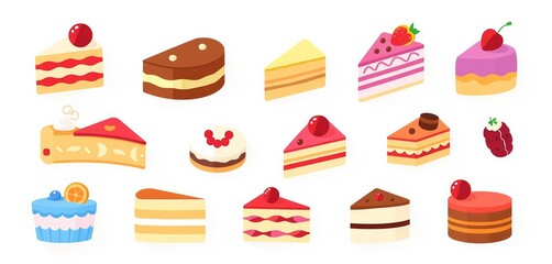 Set of colorful flat vector cake icons, various shapes and flavors, yummy, sweets
