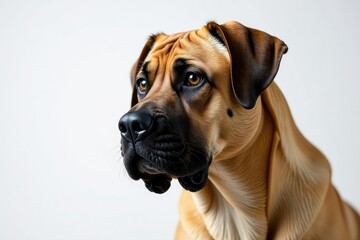 Fototapeta premium Noble mastiff head shot, intense gaze, pure white backdrop, head shot, coat, nose