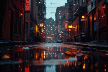 Fototapeta premium Urban alleyway, rain, lights