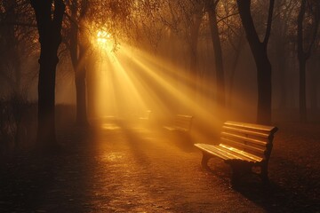 Golden sunbeams pierce foggy park