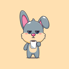 Obraz premium Cute rabbit cartoon vector illustration is tired and sleepy holding coffee