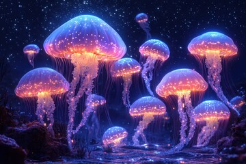 Glow-in-the-dark jellyfish in a mystical underwater scene