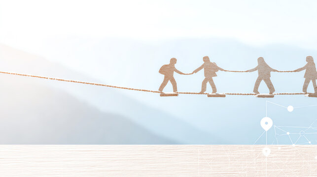 Team members build motivation in workshop while balancing on rope towards success