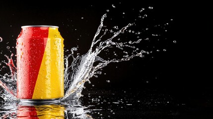 A vibrant energy drink can on a wet surface, dynamic splash effect,