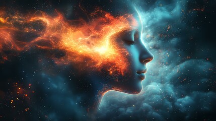Fototapeta premium A mesmerizing portrait depicting the fusion of human emotion and cosmic elements, showing the beauty of creativity and imagination in a stunning display of color and light.