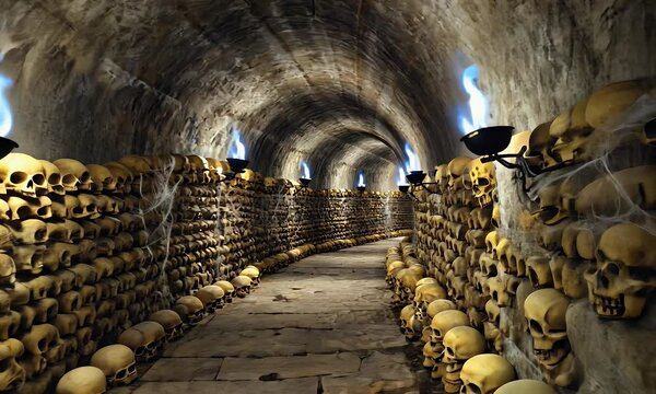 eerie video captures underground tunnel lined with skulls and flickering blue fire in terrifying cursed crypt setting