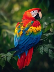 Obraz premium Colorful Macaw Perched on Branch in Lush Green Jungle Environment