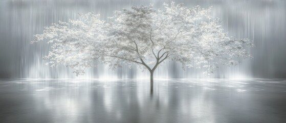 Solitude's Embrace: A Serene Tree by a Misty Waterfall