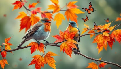 Two birds on branch, autumn leaves, butterflies, warmth, photography