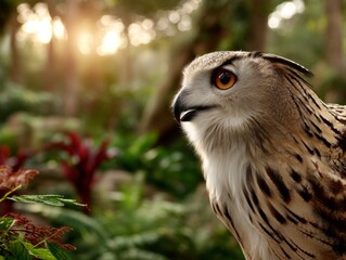 Naklejka premium Majestic Eurasian Eagle Owl in Lush Forest Habitat Close-Up Portrait Nature Serene Environment Wildlife Photography