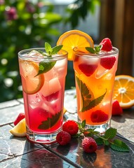 Refreshing summer drinks in transparent glasses, presented on a stone-textured table with garnishes like lemon, lime, orange slices, mint sprigs, and whole raspberries
