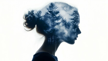 A double exposure of a woman's head and a foggy forest, with the fog forming the shape of a face profile. 