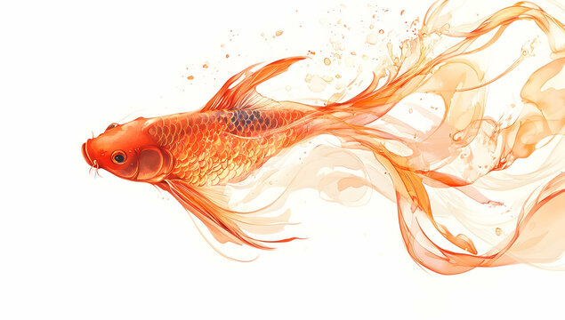 A golden koi fish, vector illustration with a white background, flowing lines and curves, in the  of Chinese art, warm colors, delicate details, exquisite brushstrokes, and high-definition resolution.