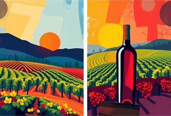 Vibrant abstract wine poster designs featuring vineyard landscapes and stylized bottles, artwork, material